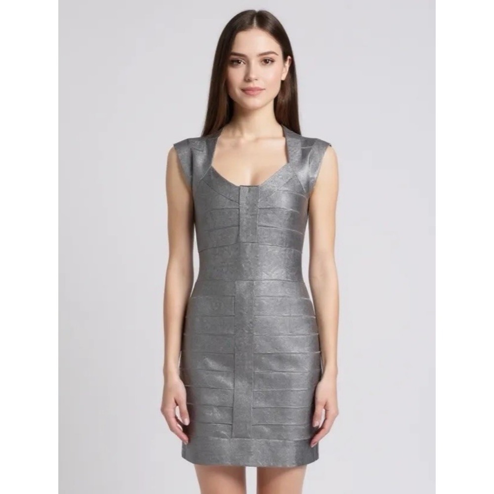 French Connection Silver Metallic Bodycon Dress Knee Length Size 6
